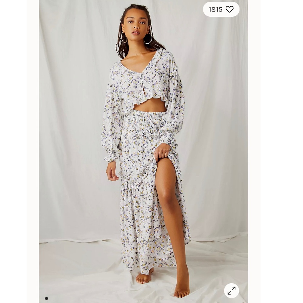 Free People Secret Garden Floral Two Piece Set Maxi Skirt Crop Top Shirt XS S